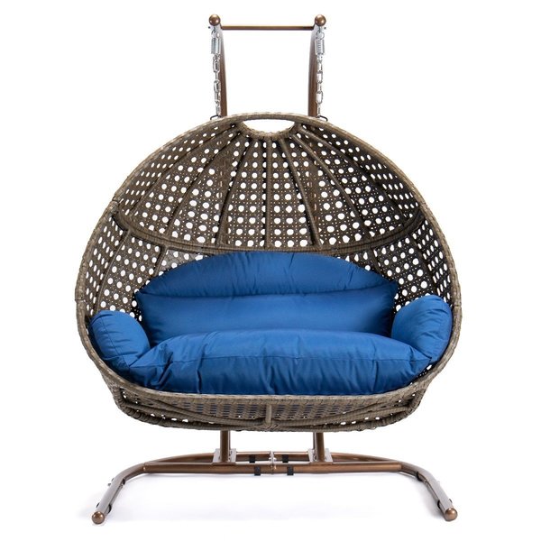 Leisuremod Wicker Hanging Double Egg Swing Chair with Blue Cushions EKDBG-57BU